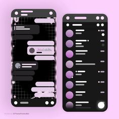 two black and purple cell phones are next to each other on a pink background with white dots