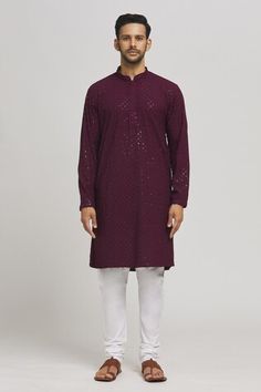 Dark maroon cotton kurta with mirror and thread embroidered geometric pattern. Comes with churidar. - Aza Fashions Cotton Sherwani With Gota Work For Festive Occasions, Festive Cotton Sherwani With Gota Work, Eid Cotton Sherwani With Mirror Work, Diwali Kurta With Mirror Work For Puja, Chanderi Kurta With Mirror Work For Puja, Diwali Cotton Sherwani With Gota Work, Diwali Cotton Traditional Wear With Mirror Work, Cotton Kurta With Mirror Work For Festivals, Traditional Cotton Wear With Mirror Work For Eid