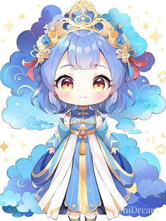 an anime character with blue hair wearing a crown