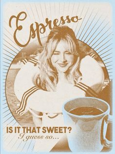 an advertisement for espresso coffee with a woman holding a cup