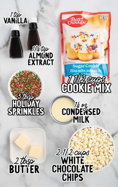 ingredients needed to make white chocolate donut bites recipe on marble counter top with text overlay