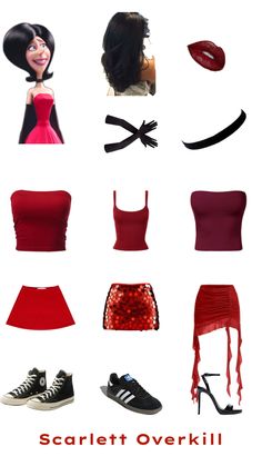 the different types of clothes and shoes are shown in this graphic style, including red