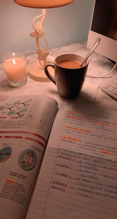 a cup of coffee sitting on top of an open book