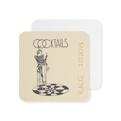 a coaster with an illustration of a woman sitting on a chair and the words cocktails