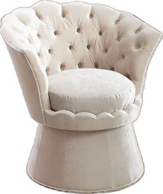 an upholstered chair with a round cushion on the back and side, sitting in front of a white background