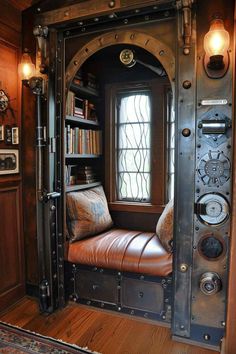 a room that has a window and some bookshelves in it with leather seats