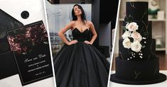 a woman standing next to a black and white wedding cake with flowers on the side