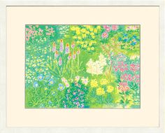 a painting of flowers and plants in green, yellow, pink and blue colors with white frame