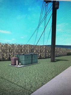 an animated view of a corn field and power lines