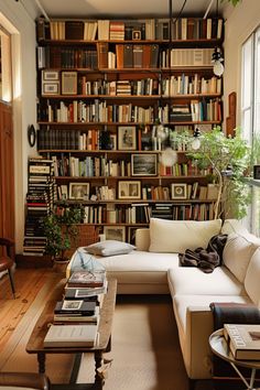 a living room filled with lots of furniture and bookshelves next to a window