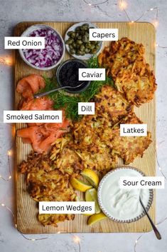 a wooden cutting board topped with different types of food