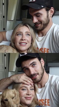 a man and woman posing for pictures with a dog in front of their face, both smiling at the camera