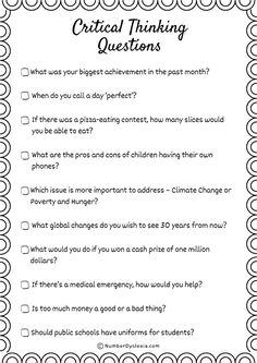 a printable question sheet with the words, critical thinking questions