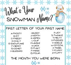 a snowman name poster with the words, what's your snowman name?