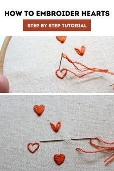 an embroidered heart is being stitched on to a piece of fabric with the words how to embroider hearts