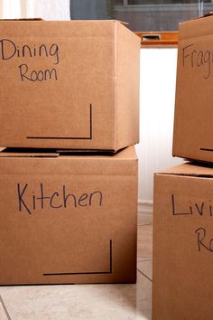 three boxes with the words living room, dining room and kitchen written on them