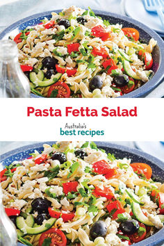 two pictures of pasta salad with black olives and peppers