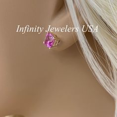 "These earrings are asscher cut lab created pink sapphires made with pure 14k yellow gold item #6436 -Approximate total carat weight: 2.00ctw -Center Stone Size: 1.00ct each 6x6mm -Gem Type: Lab Created Sapphire -Stone Shape: Asscher Cut -Stone Clarity: VS2 -Stone Color: Pink -Metal Type and Purity: 14K Yellow Gold -Setting: 4 Prong Basket Style -Backing: Friction Back (earring backs are subject to change due to availability) -Country of Manufacturing: USA (Michigan) For customization please con Classic Hypoallergenic Heart Cut Jewelry, Heart Cut Prong Setting Fine Jewelry Earrings, Trillion Cut Fine Jewelry Earrings For Anniversary, Pink Gia Certified Jewelry, Trillion Cut Fine Jewelry Earrings For Gift, Elegant Pink Trillion-cut Jewelry, Sapphire Stud Earrings, Pink Sapphire Earrings, Sapphire Birthstone