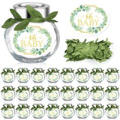 baby shower products with leaves and labels