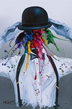 a painting of a man wearing a black hat and white shirt with colorful paint splatters on it