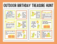 an outdoor birthday treasure hunt is shown with the words happy birthday, and a green dragon