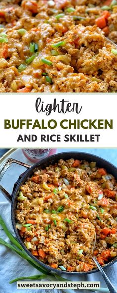 chicken and rice skillet is shown in two different pictures