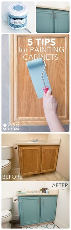 the steps to painting cabinets are shown