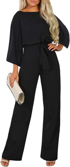 Amazon.com: Happy Sailed Women Casual Loose 3/4 Sleeve Belted Wide Leg Pant Romper Jumpsuits Large Black : Clothing, Shoes & Jewelry Pant Romper, Womens Summer Jumpsuits, Wedding Guest Outfit Winter, Long Pants Outfit, Romper Long Pants, Long Pant Jumpsuit, Jumpsuit Casual, Wide Leg Romper, Jumpsuit Dressy