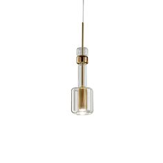 a glass and brass pendant light hanging from a ceiling