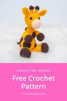 a crocheted giraffe sitting on the ground with text overlay reading, gerald the giraffe free crochet pattern