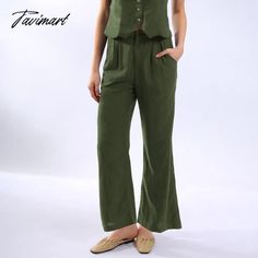 Tavimart Retro Linen Women’s Suits Women Blue Sleeveless Button Up Vest Tops + Wide Leg Pants Green Solid Color Wide Leg Summer Pants, Green Solid Color Wide Leg Pants For Summer, Summer Green Wide Leg Pants, Summer Solid Pants With Buttons, Solid Summer Pants With Buttons, Green Summer Pants With Button Closure, Summer Green Pants With Button Closure, Summer Green Pants With Buttons, Casual Green Pants With Buttons