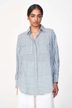 Mirth Kyoto Blouse - Ocean Stripe Oversized Button-up Blouse With Vertical Stripes, Oversized Vertical Stripes Blouse For Work, Farida Gupta, Stripes Blouse, Rural India, Stripe Blouse, Handloom Fabric, Oversized Blouse, Pajama Robe