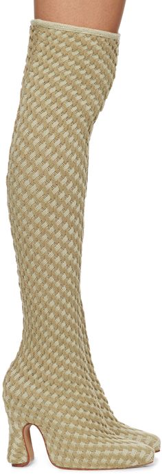 Knee-high woven knit boots in beige. · Pointed toe · Covered heel · Leather sole · Heel: H5 Wholesale exclusivity at SSENSE. Supplier color: Burlap Brown Knitted Boots, Knit Knee High Boots, Isa Boulder, Woven Shoes, Archive Fashion, Knit Shoes, Knit Boots, Shoe Inspo, Boot Shoes Women