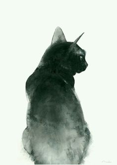 a black and white drawing of a cat with horns on it's head, looking to the side