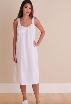 EL321 This luxurious 100% cotton nightgown will help you have a cool and relaxing night’s sleep. It features a relaxed fit that falls below the knee and has a round neckline with English Lace detail that makes it a romantic and flattering style. Design: Sleeveless Round Neckline with English Lace *Check last picture for measurements. White Cotton Nightgown, Grandmillenial Style, Victorian Nightgown, Relaxing Night, Cotton Nightgown, Nightgowns For Women, Lace Embroidery, Romantic Style, A Romantic