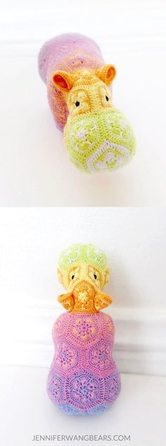 three crocheted stuffed animals sitting on top of each other