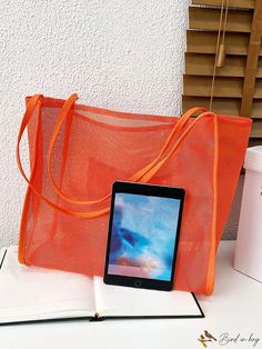 BirdinBag - Foldable High-Capacity Beach Tote Bag: Elegant Mesh Design for Stylish Ladies Beach Tote Bag, Casual Stylish, Crochet Bags, Mesh Design, Beach Tote Bags, Beach Tote, Womens Tote Bags, Crochet Bag, Color Orange