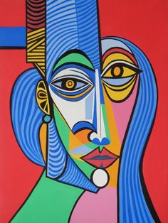 an abstract painting of a woman's face with blue, green and red colors