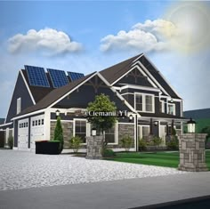 a rendering of a house with solar panels on the roof, and landscaping around it