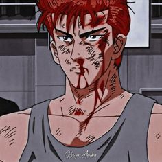 an animated image of a man with red hair and blood dripping from his face, wearing a tank top