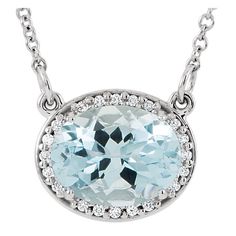 14KT White or Yellow Gold 1.70 CT Oval Aquamarine and .05 CTW Round Brilliant Diamond Necklace. 16.5" Cable Link Chain. Halo Necklace, Bow Jewelry, Halo Pendant, Gold Halo, Vintage Jewels, Jewelry Companies, March Birth Stone, 14kt Gold, Halo Diamond