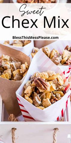 homemade sweet chex mix in small baskets with text overlay that reads, sweet chex mix