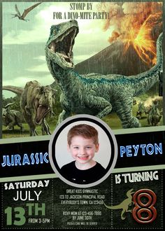 a boy is smiling in front of a poster for a dinosaur party with an image of a t - rex