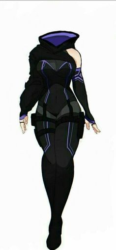 a drawing of a woman in black and purple clothes with her hands on her hips