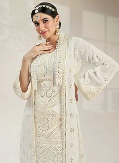 Shop Indian Clothes - Cream White Mirror Work Embroidery Jacket Style Palazzo Suit At Hatkay Front Open Georgette Sets With Resham Embroidery, Front Open Resham Embroidered Georgette Sets, Long Sleeve Choli With Intricate Embroidery, Bohemian Long Sleeve Salwar Kameez In Georgette, Bollywood Style Long Sleeve Nehru Jacket With Mirror Work, Front Open Georgette Choli With Resham Embroidery, Front Open Resham Embroidered Georgette Choli, Bohemian Kurta With Mirror Work In Georgette, Long Sleeve Georgette Choli For Eid