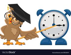 an owl wearing a graduation cap and holding a pencil next to a clock