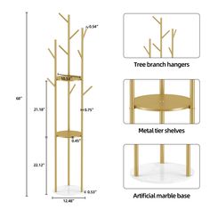 the measurements for a round table with three branches on each side and two metal shelves