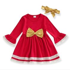 New In The Package. Toddler Baby Girls Christmas Flare Long Sleeve Dress With Gold Bow And Headband Color Red Size 12-18 Months Red Knit Twirl Dress With Long Sleeves That Flare And An Accent Gold Bow In Front. Vintage Style Crochet Lace Trim On The Sleeve Cuffs And Hem. Comes With A Matching Gold Headband. A Perfect Party Dress! Fabric Type 100% Polyester Perfect For Christmas Eve Or Family's Photos! Pictures With Santa! Holiday Events, Winter Party, Midnight Mass, Church Pageant, School Season Auburn Dress, Girls Denim Shirt, Red Baby Dress, Pictures With Santa, Girls Jean Dress, Navy Blue Velvet Dress, Light Blue Romper, Floral Chiffon Maxi Dress, Black And Pink Dress