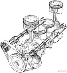 a drawing of an engine with four cylinders and two gears on the front end