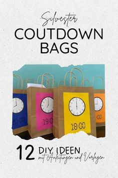 there are several bags with clocks on them and the words selvester, coutdown bags